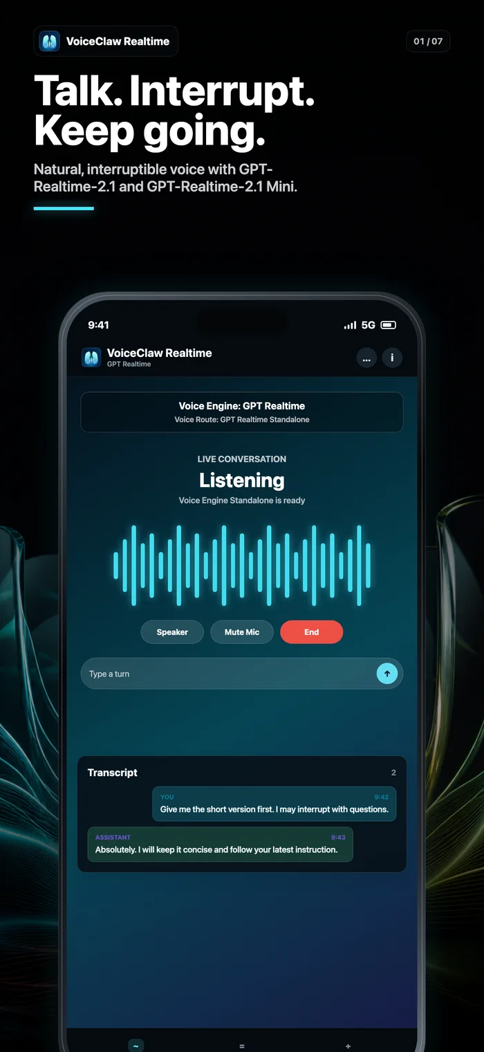 VoiceClaw Realtime live conversation on iPhone, showing a GPT Realtime waveform, controls, and transcript