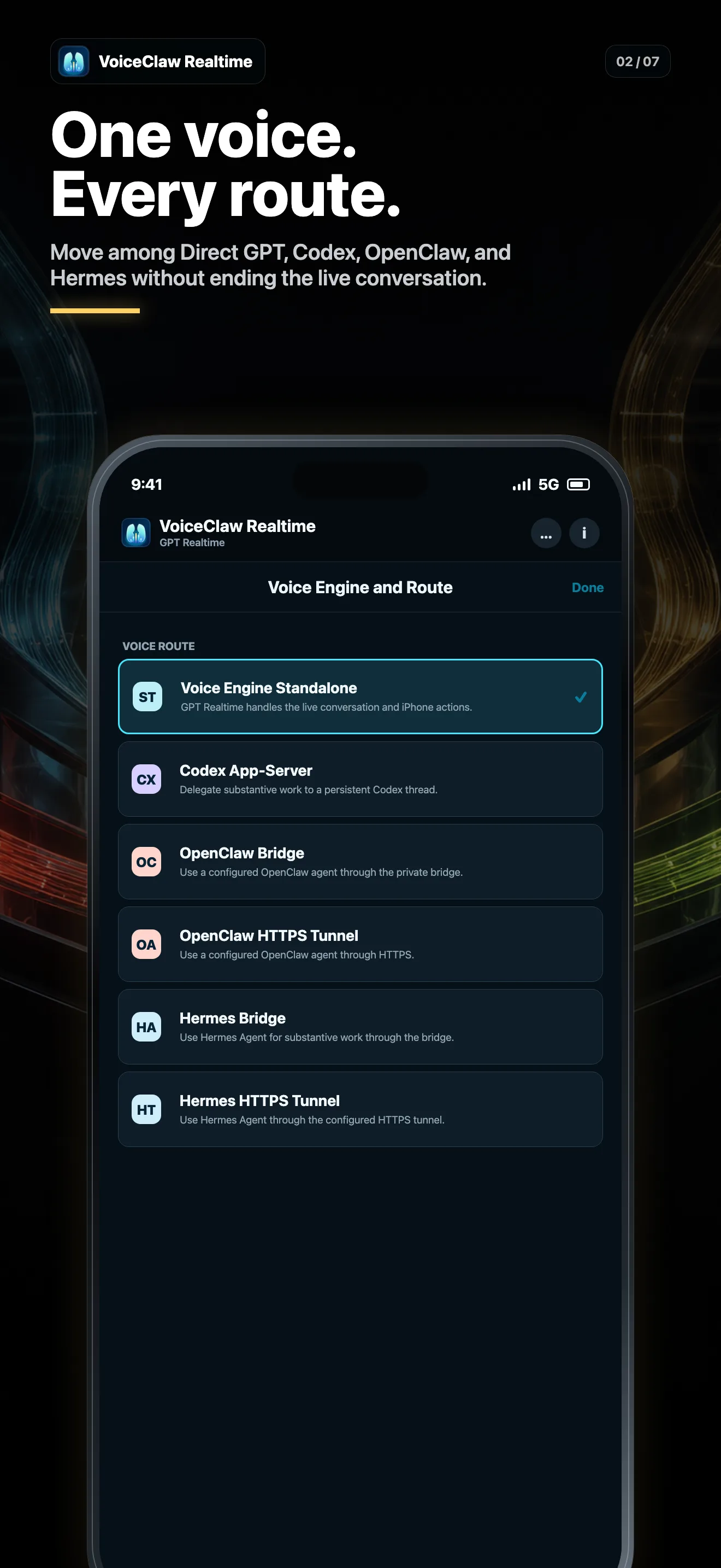 VoiceClaw route picker on iPhone with Direct, Codex, OpenClaw, and Hermes options