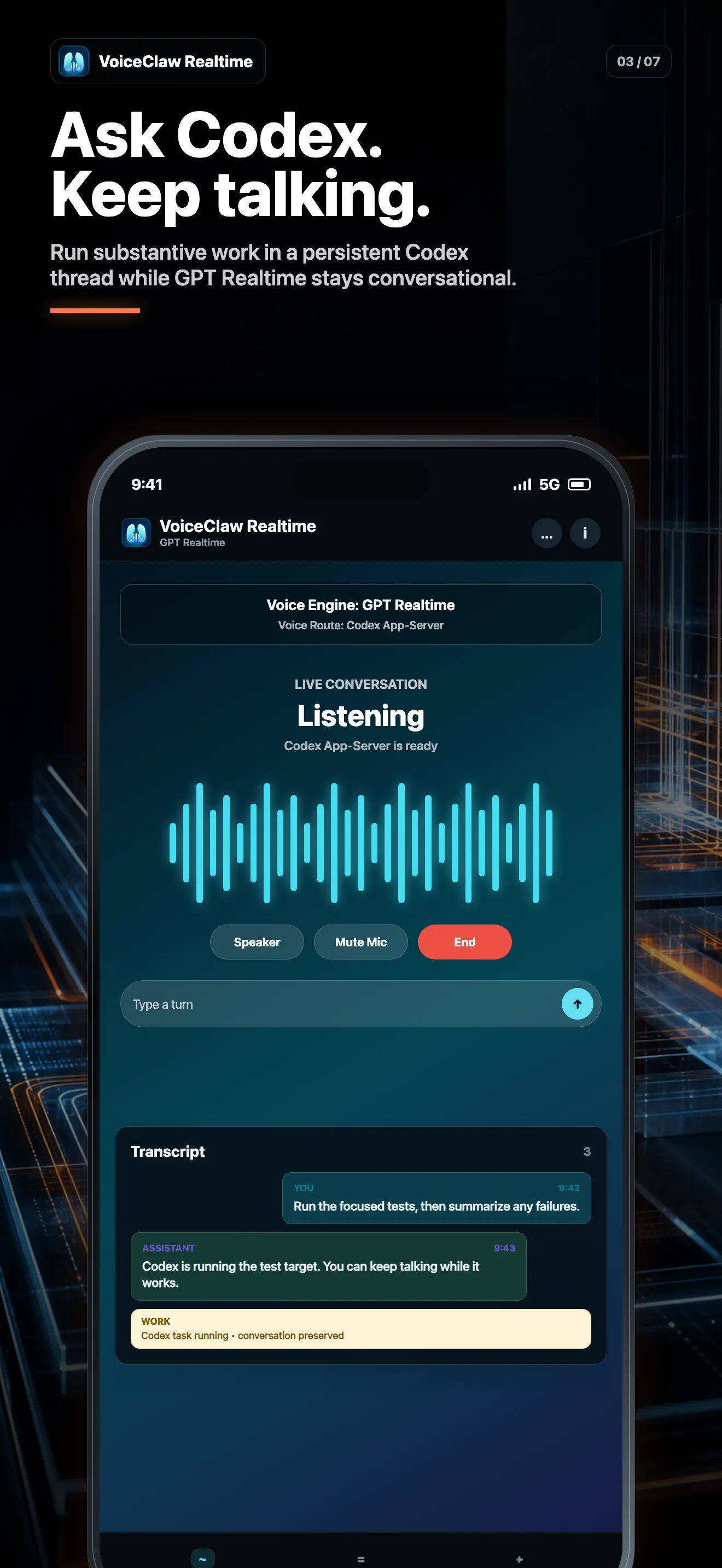 A VoiceClaw Realtime Codex task running while the voice conversation continues