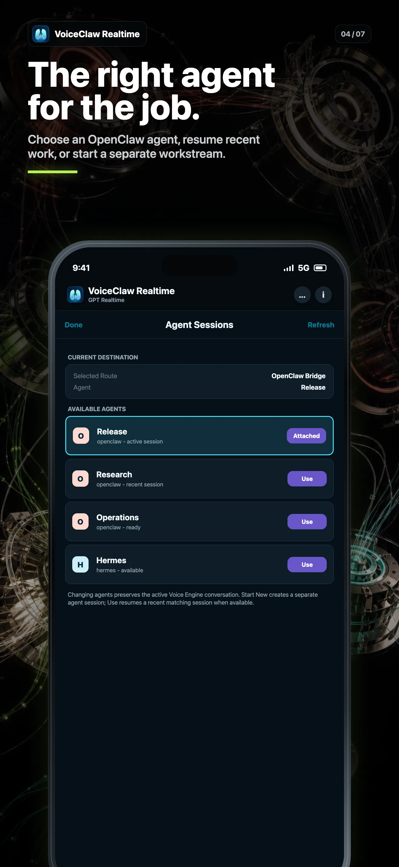 OpenClaw agents and sessions visible inside VoiceClaw Realtime on iPhone