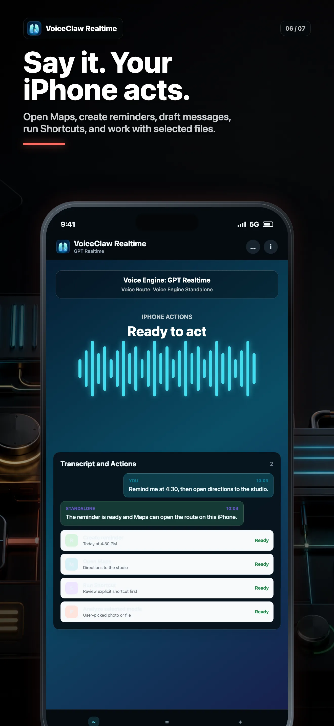 VoiceClaw Realtime iPhone actions showing a spoken reminder, maps request, and returned action states