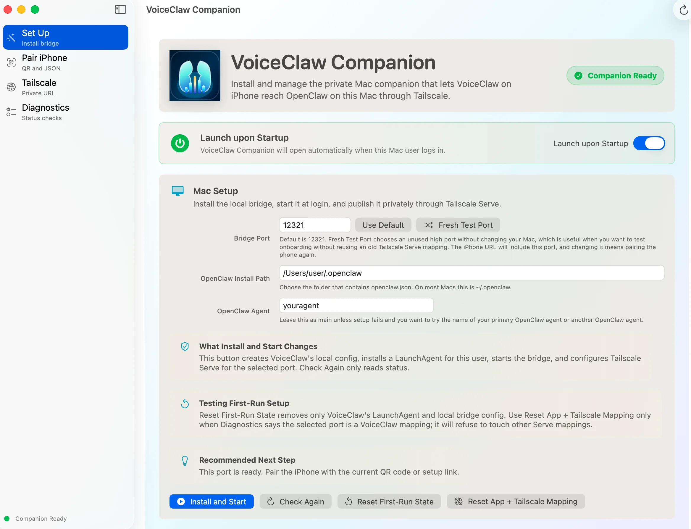 VoiceClaw Companion for macOS showing setup, bridge controls, and a ready status