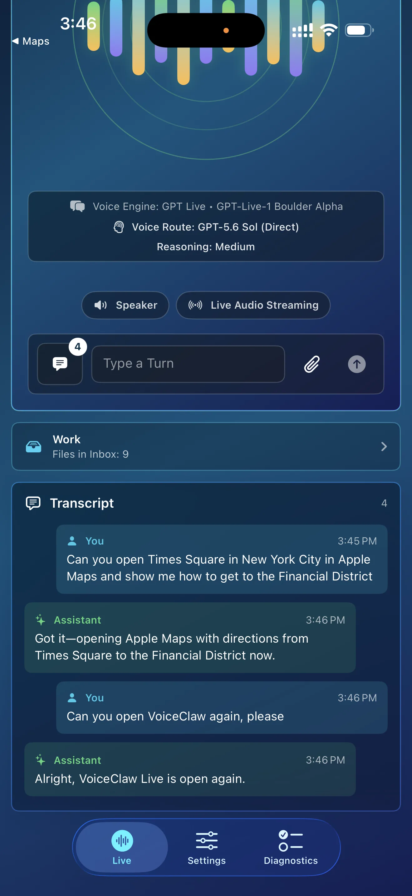 VoiceClaw Realtime showing a spoken request to open directions in Apple Maps