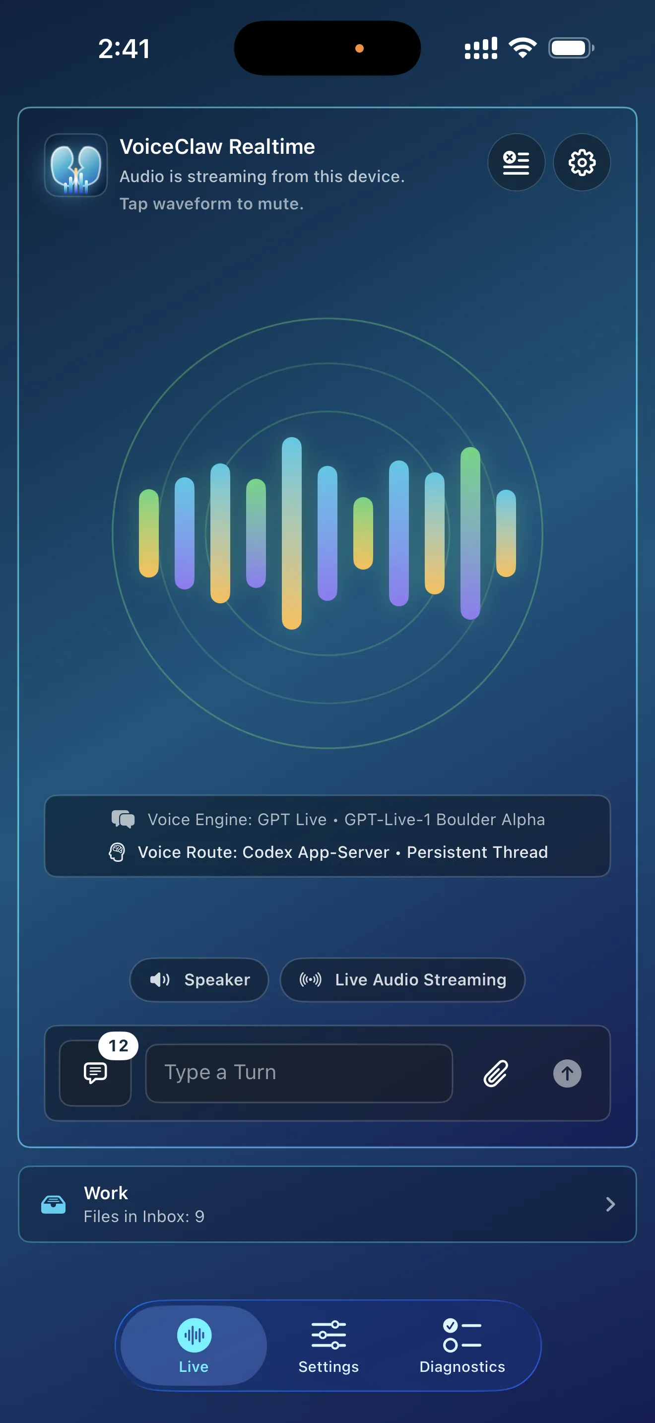 A VoiceClaw Realtime Codex task running while the voice conversation continues