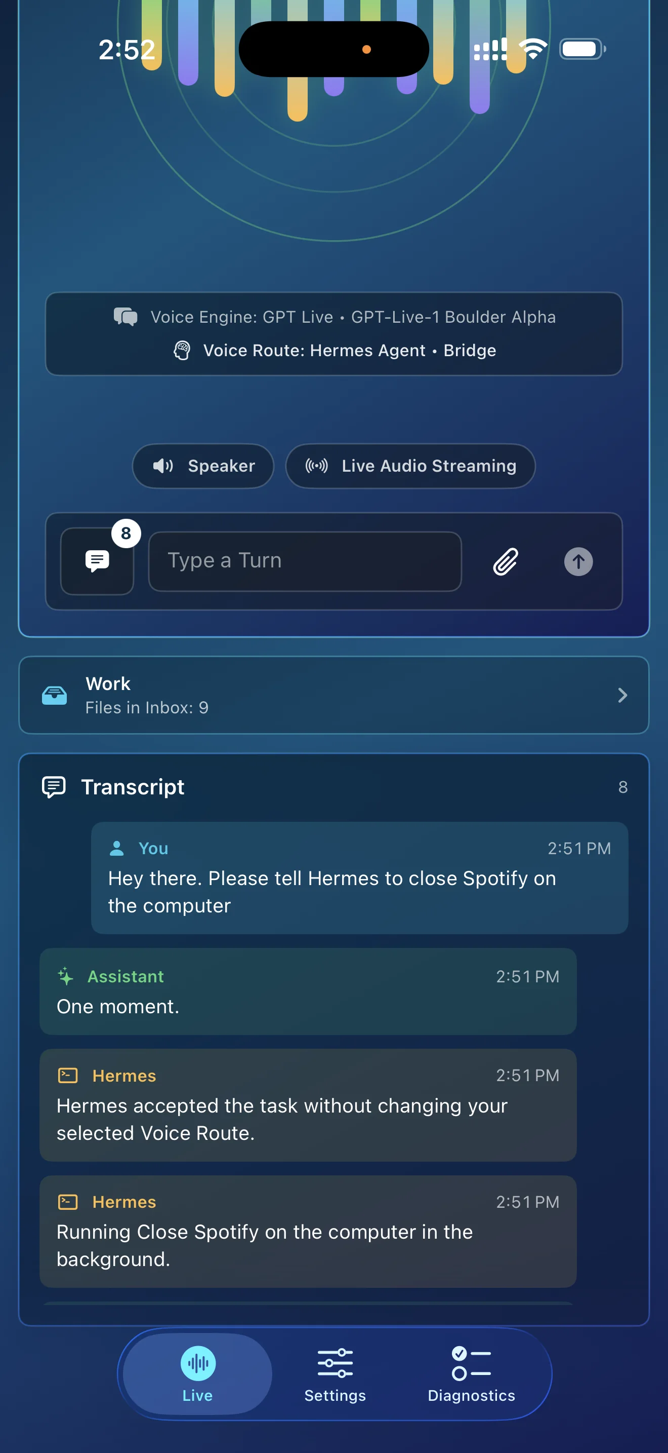 VoiceClaw Realtime live conversation on iPhone, showing a GPT Realtime waveform, controls, and transcript