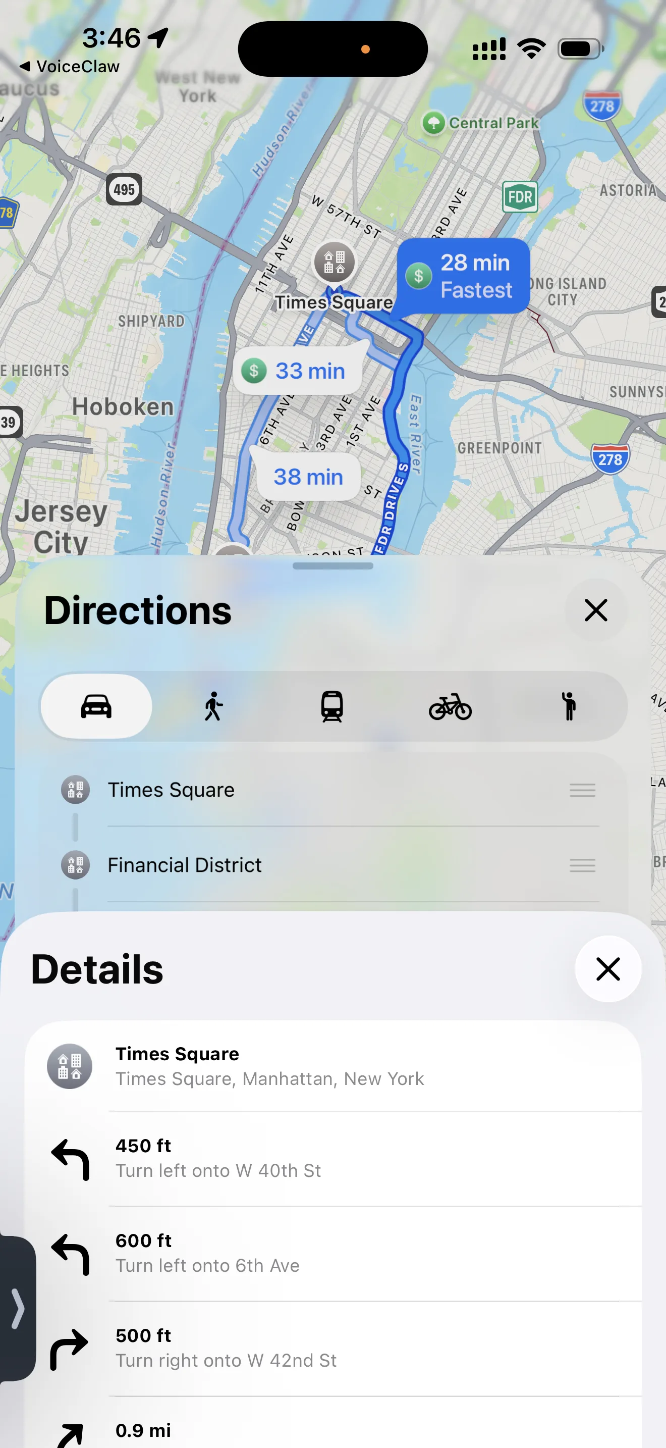 Apple Maps showing the route VoiceClaw Realtime opened from the spoken request