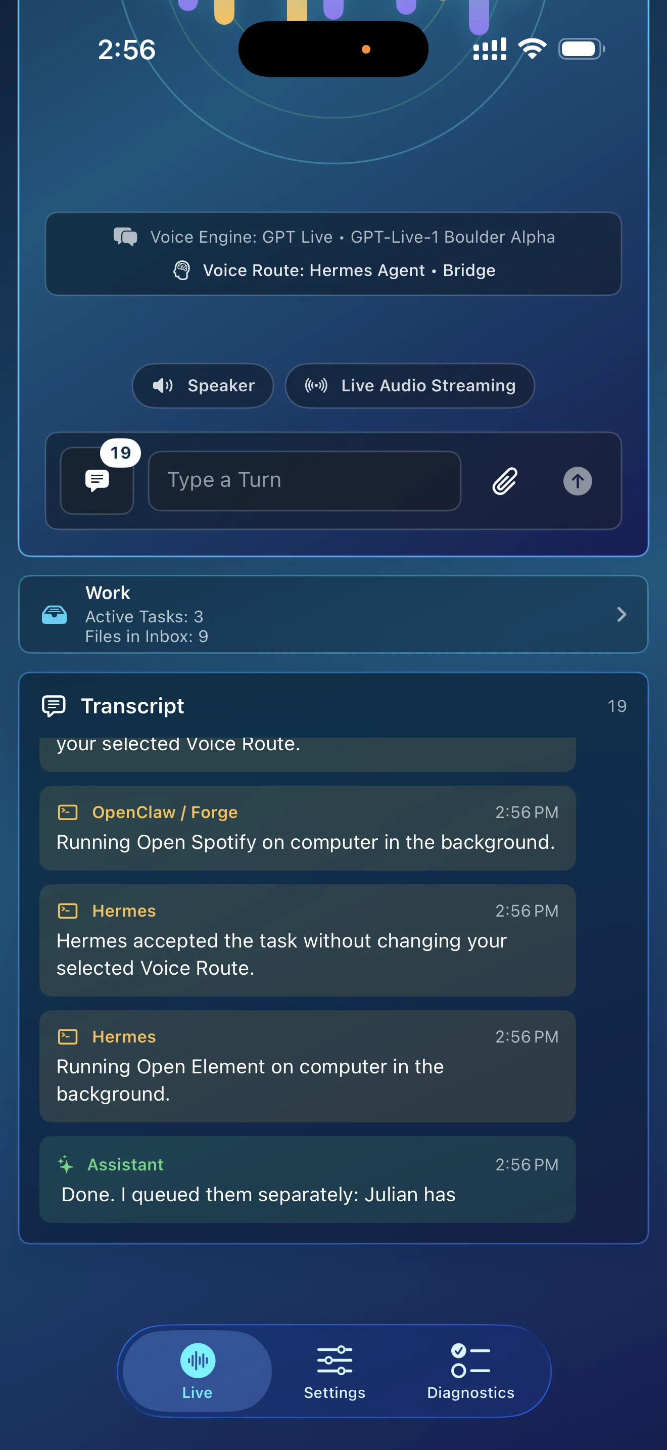VoiceClaw Realtime Work panel showing three parallel agent tasks and their current status