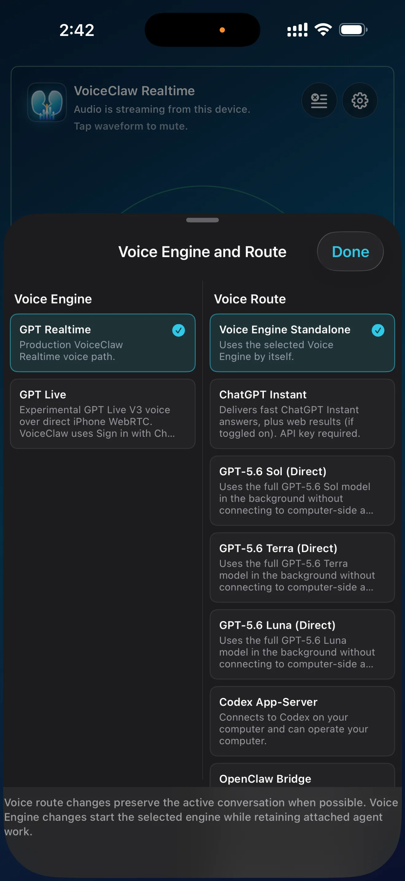 VoiceClaw Realtime route picker on iPhone with Direct, Codex, OpenClaw, and Hermes options