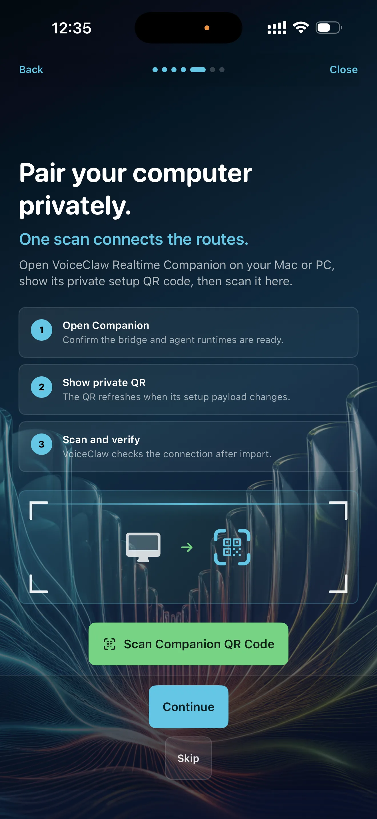 VoiceClaw Realtime private Companion pairing screen on iPhone