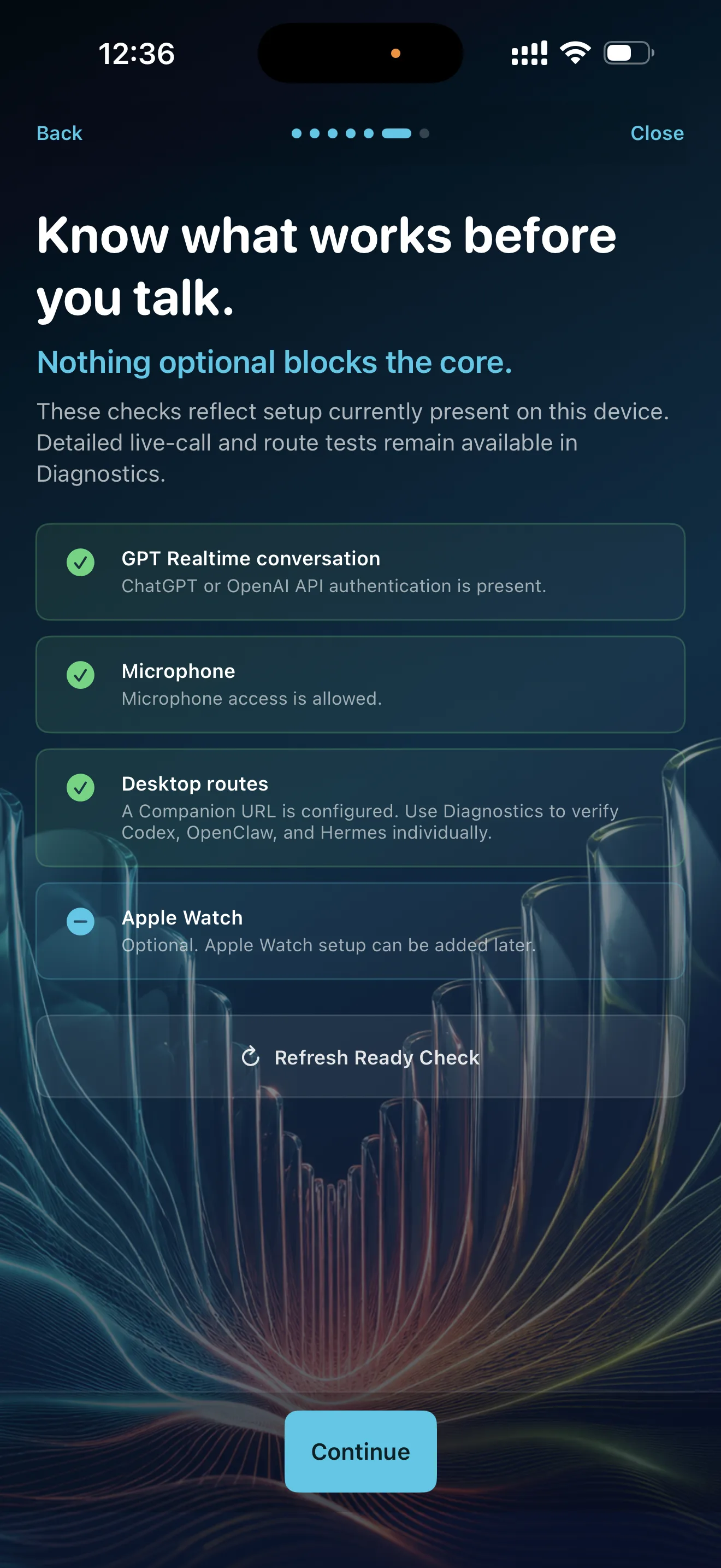 VoiceClaw Realtime ready check showing GPT Realtime, device actions, Companion, OpenClaw, Codex, and Hermes states
