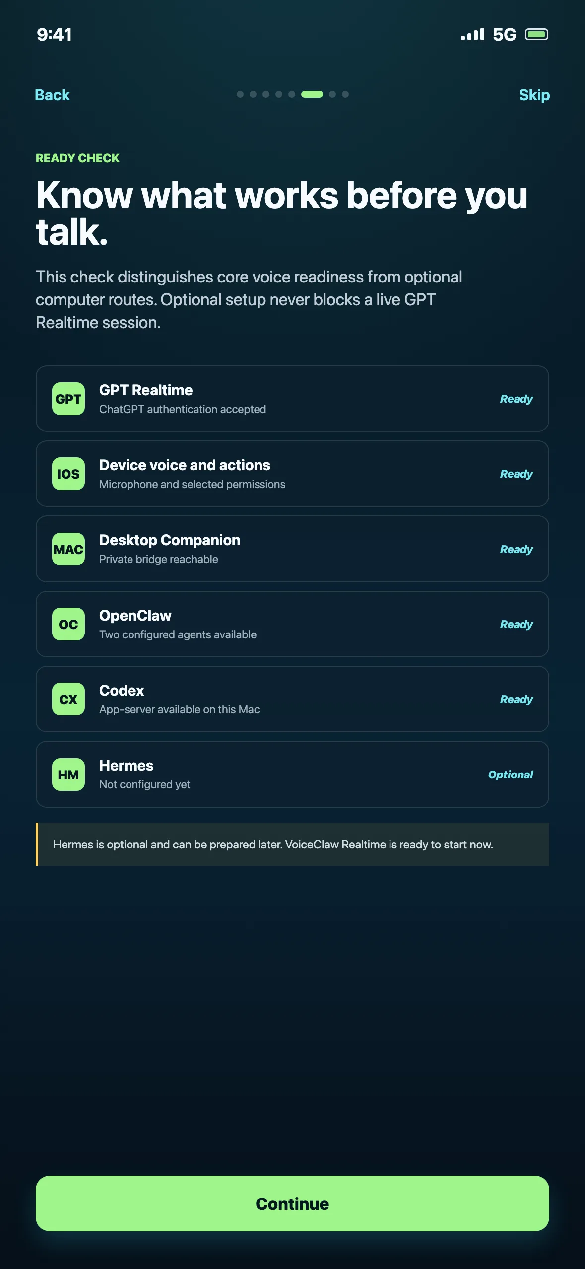 VoiceClaw ready check showing GPT Realtime, device actions, Companion, OpenClaw, Codex, and Hermes states