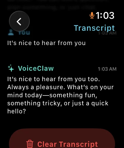 VoiceClaw Realtime transcript on Apple Watch