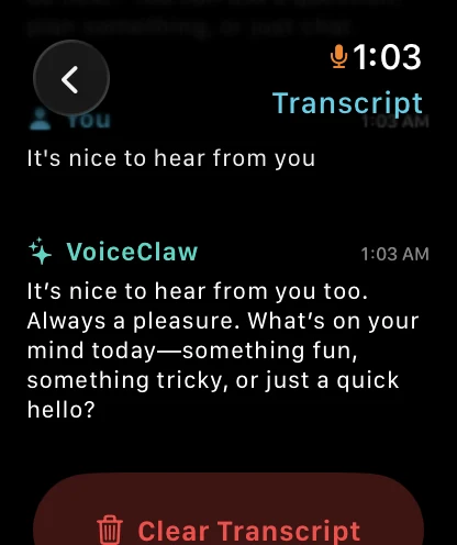 VoiceClaw Realtime transcript on Apple Watch