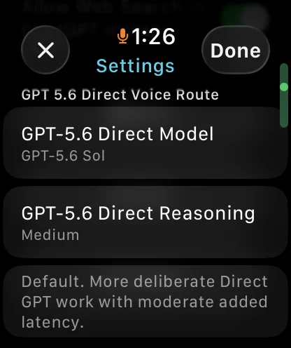 GPT-5.6 Direct settings on Apple Watch