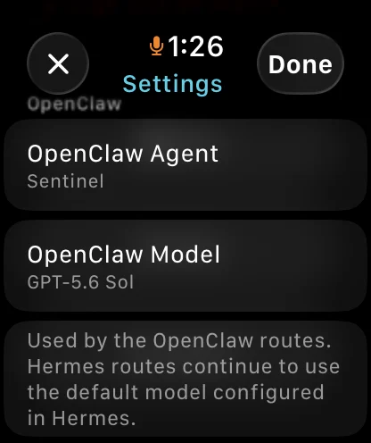 OpenClaw agent settings on Apple Watch