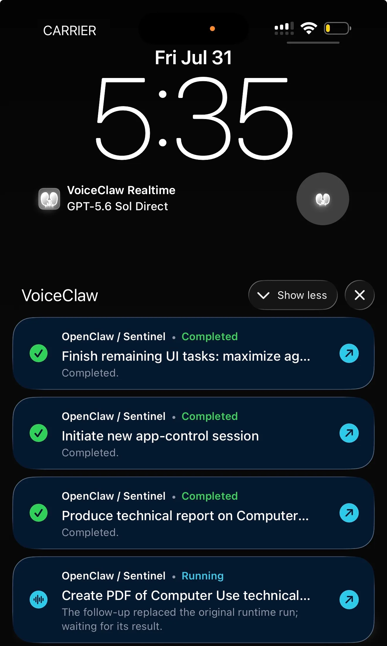 VoiceClaw Realtime Live Activities showing running and completed agent work